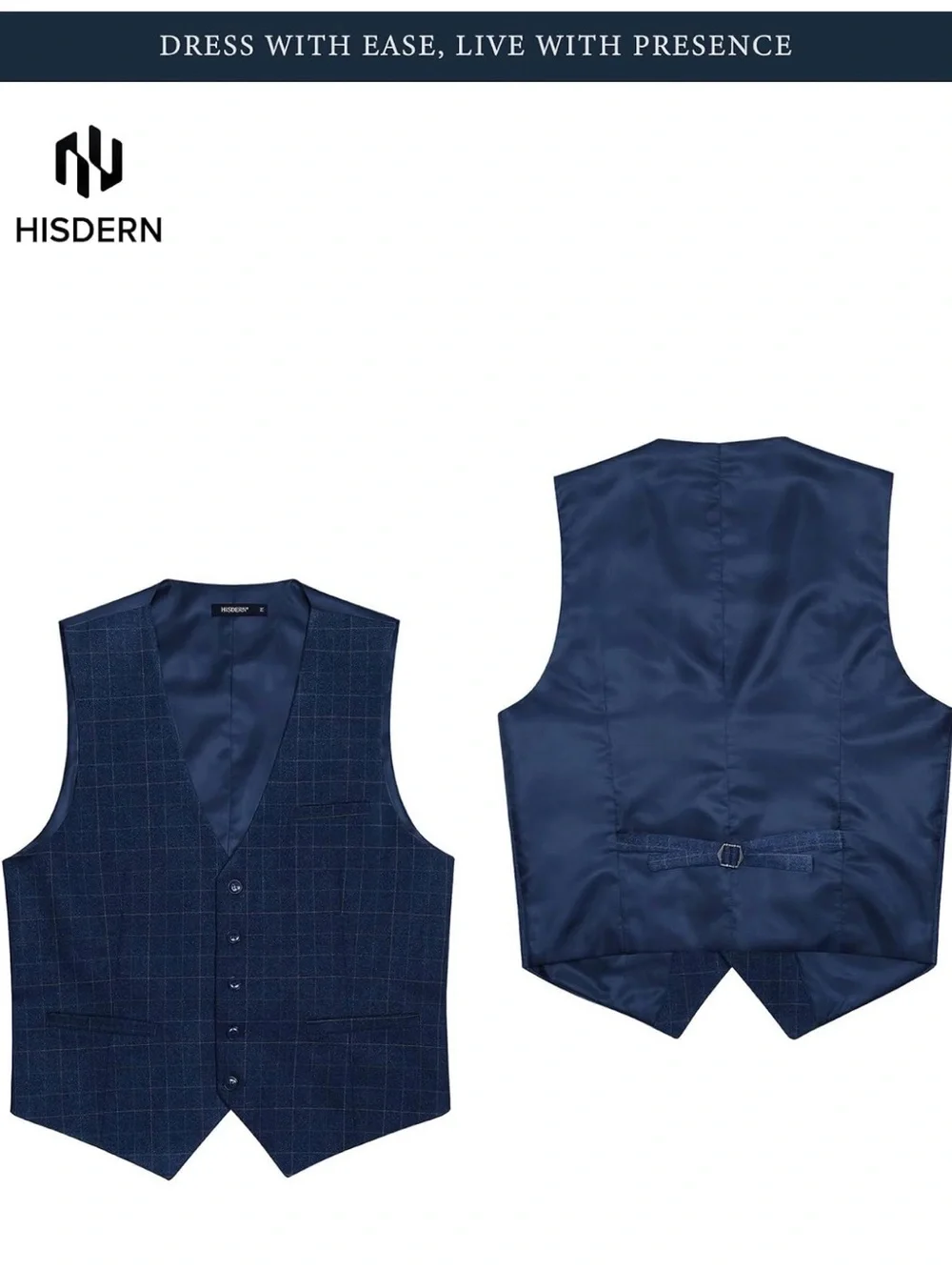 HISDERN XL Blue Windowpane Check Vest Men’s Formal 5 Button $20